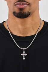Iced Celtic Cross Pendant Tennis Necklace - 35mm - White