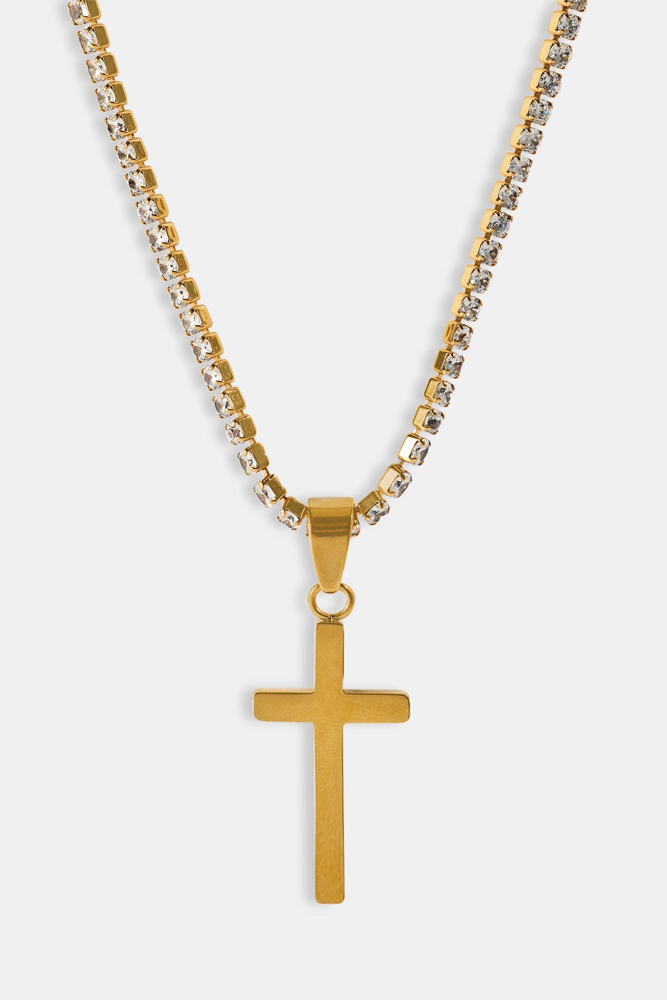 Plain Cross Pendant Tennis Necklace - 12mm - Gold