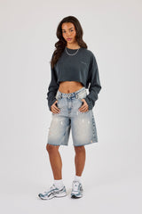 Cropped Washed Long Sleeve T-Shirt - Charcoal
