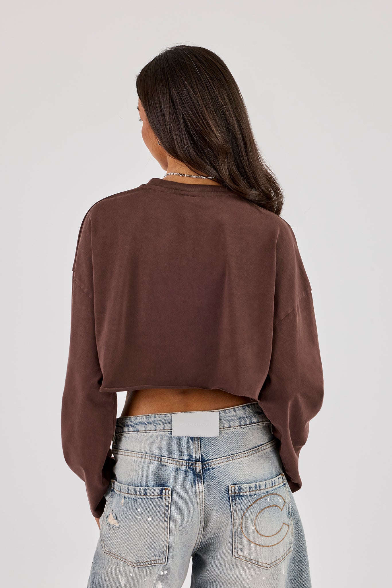 Cropped Washed Long Sleeve T-Shirt - Brown