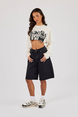 Long Sleeve Cropped Cernucci Studios T-Shirt - Off White