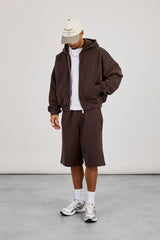 Zip Through Boxy Hoodie & Embroidered Jersey Jort - Coffee