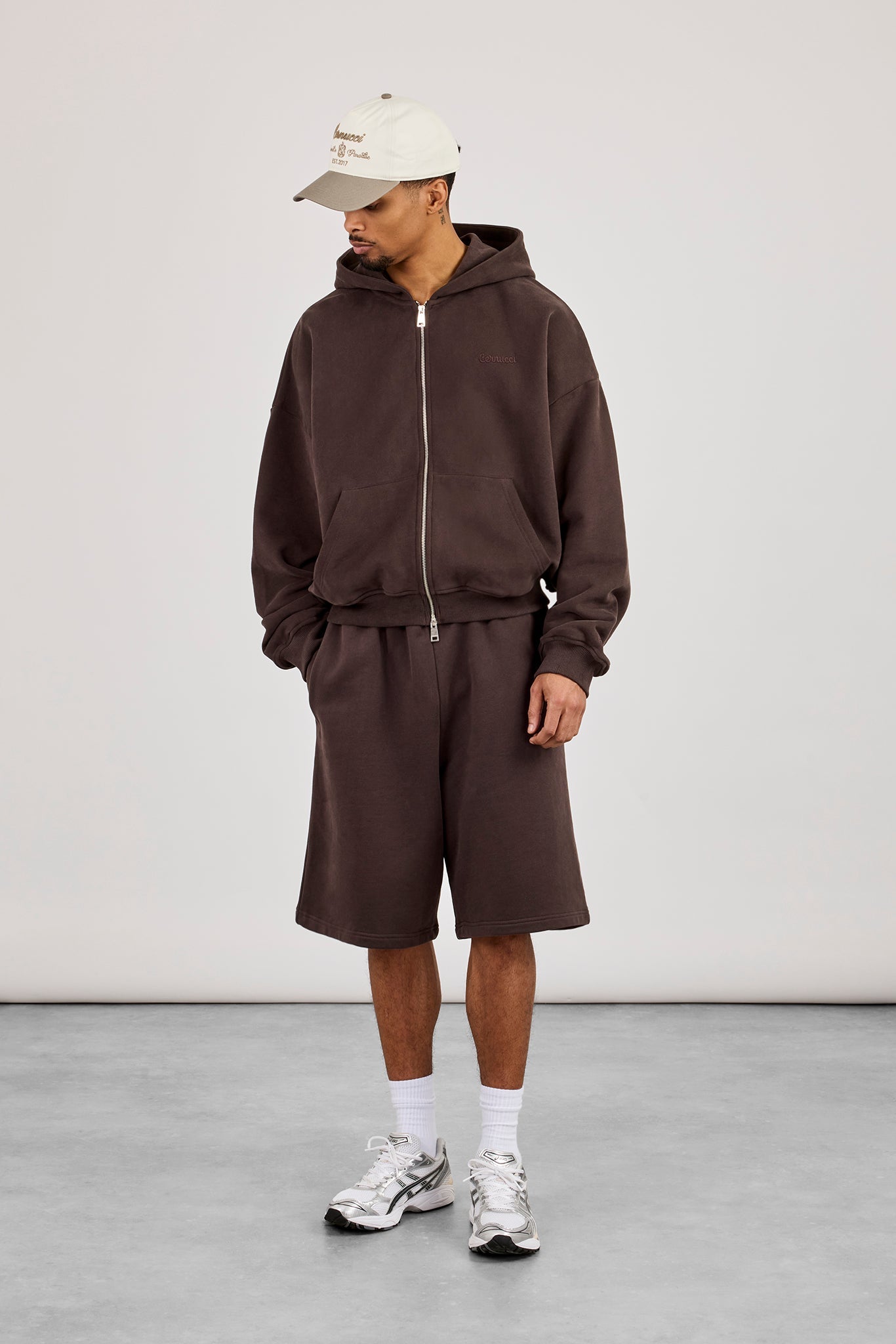 Zip Through Boxy Hoodie & Embroidered Jersey Jort - Coffee
