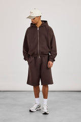 Zip Through Boxy Hoodie & Embroidered Jersey Jort - Coffee