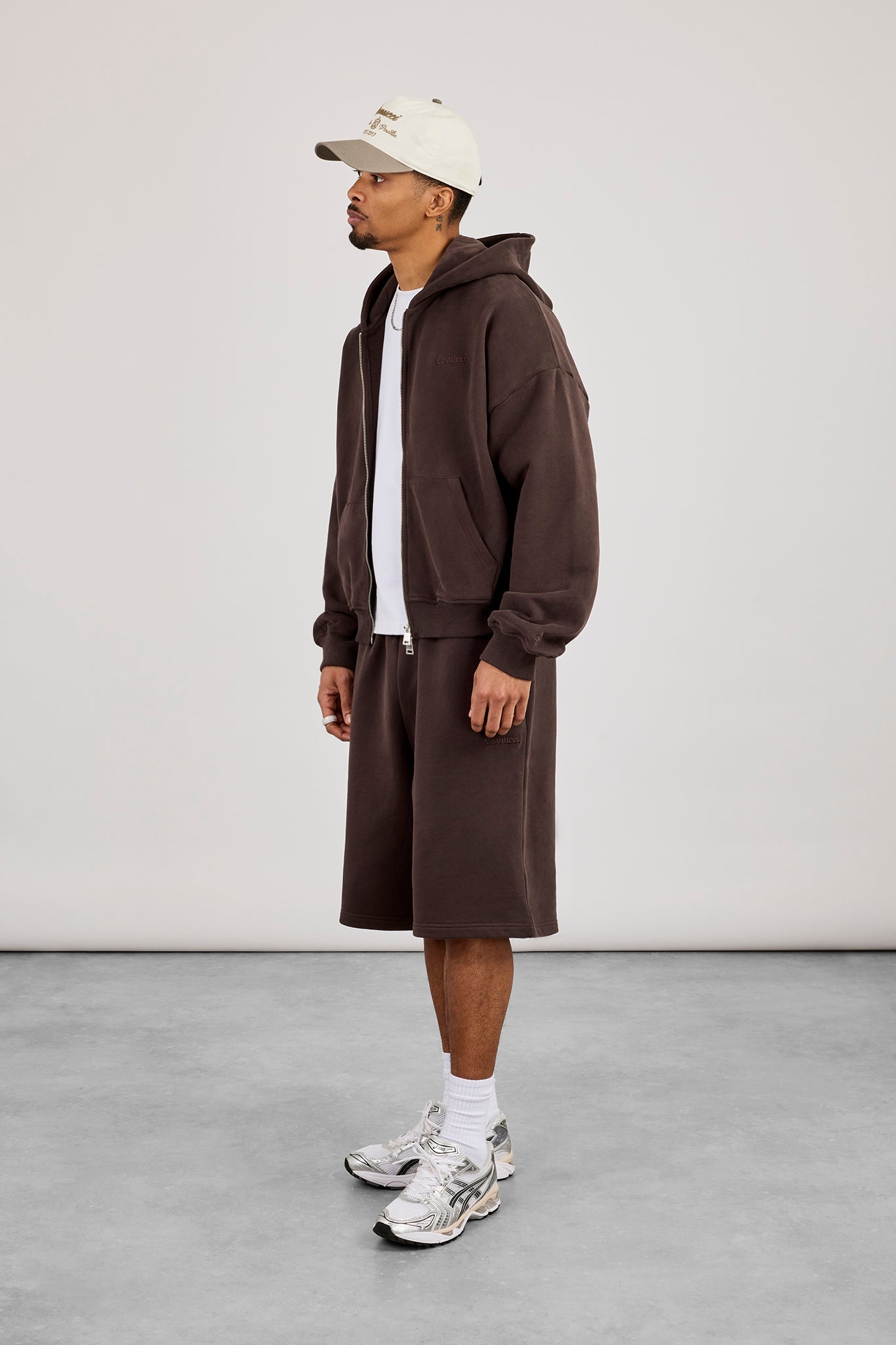 Zip Through Boxy Hoodie & Embroidered Jersey Jort - Coffee