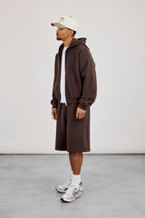 Zip Through Boxy Hoodie & Embroidered Jersey Jort - Coffee