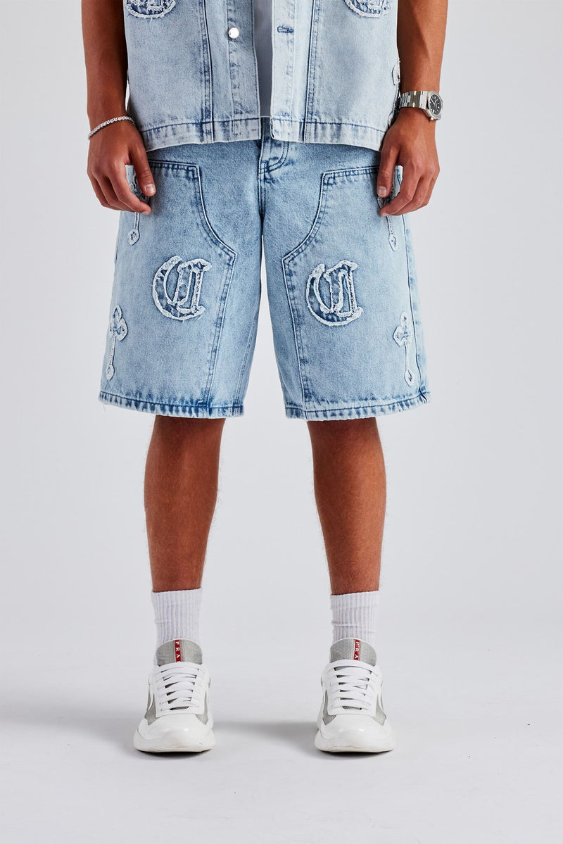 Raw Edge Applique Carpenter Bermuda Denim Short - Ice Blue