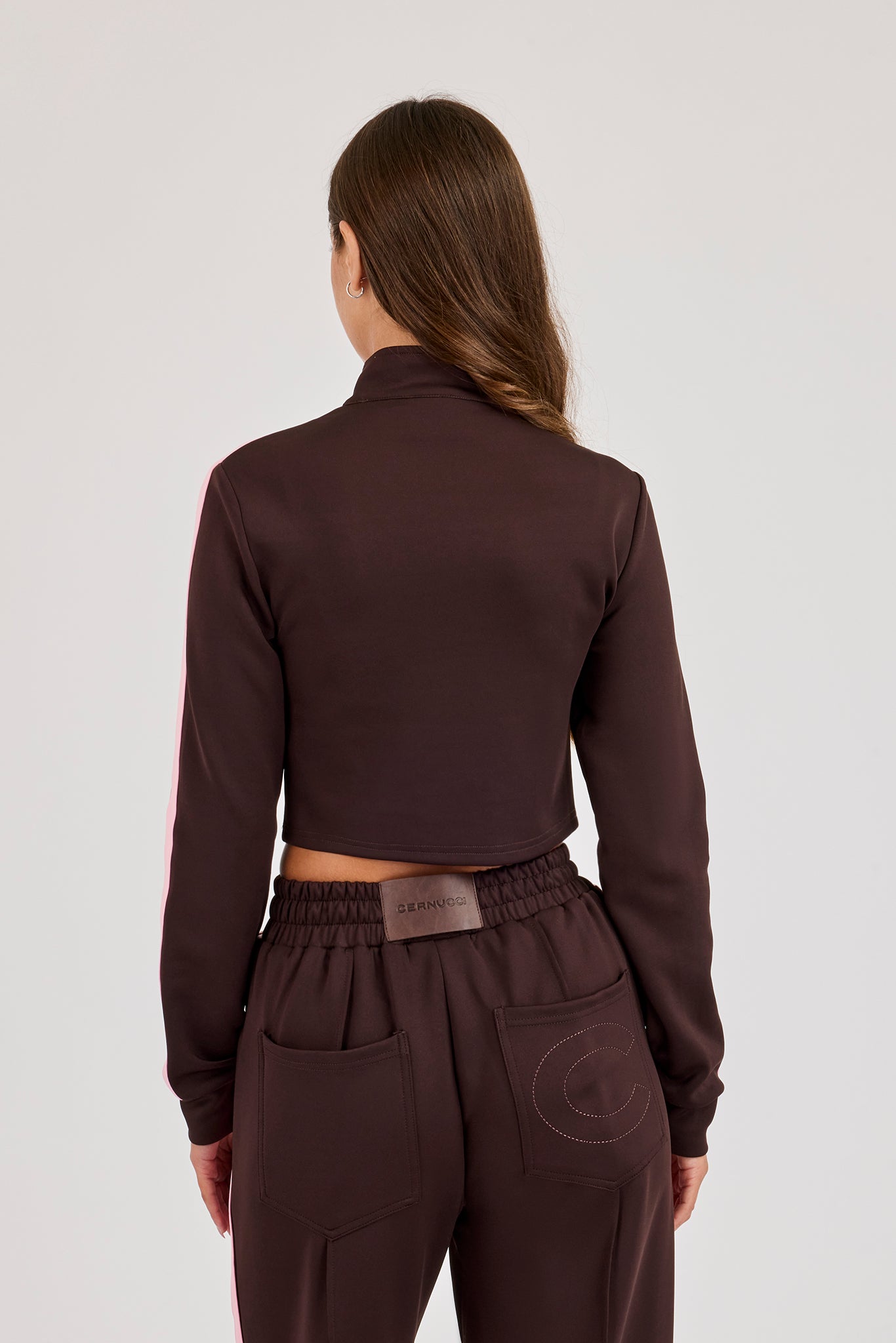 Fitted Pink Taping Track Top - Chocolate
