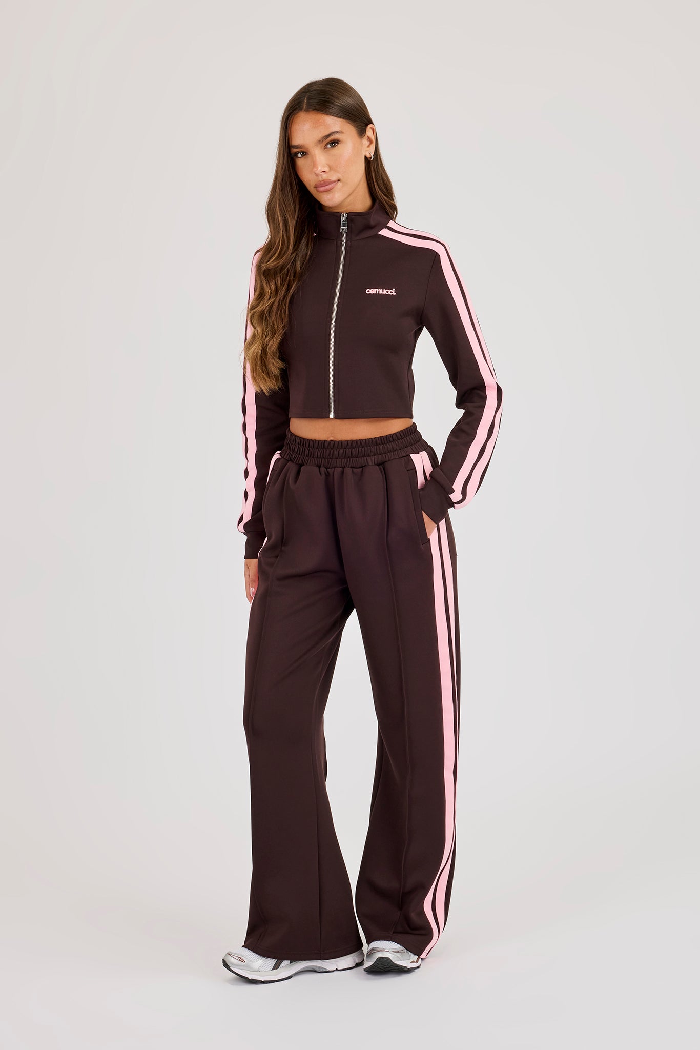 Fitted Pink Taping Track Top - Chocolate