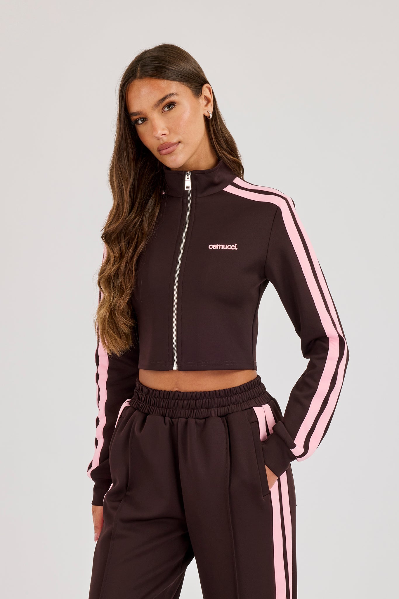 Fitted Pink Taping Track Top - Chocolate