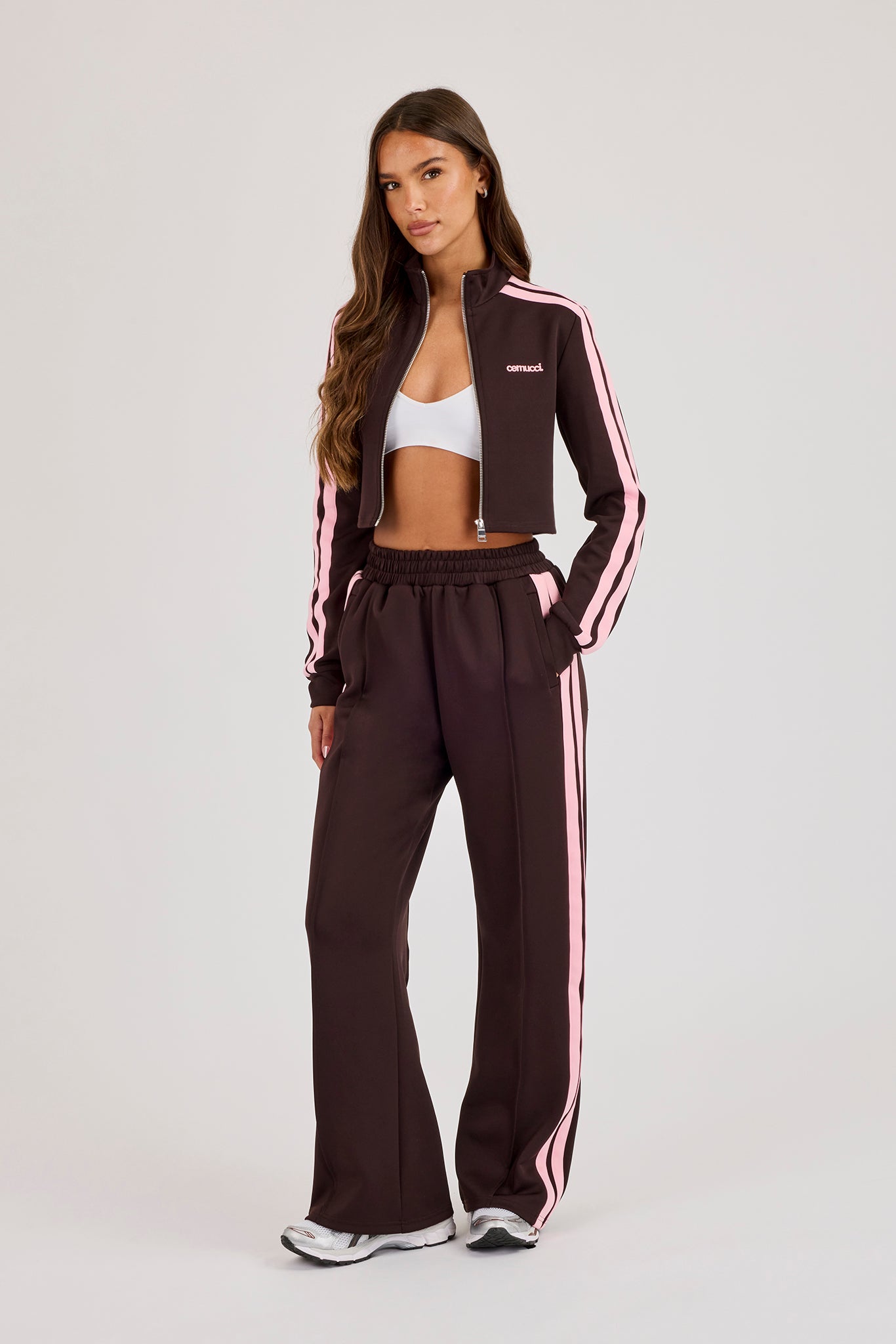 Fitted Pink Taping Track Top & Wide Leg Jogger - Chocolate