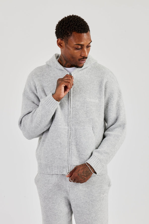 Embroidered Knitted Zip Hoodie - Light Grey
