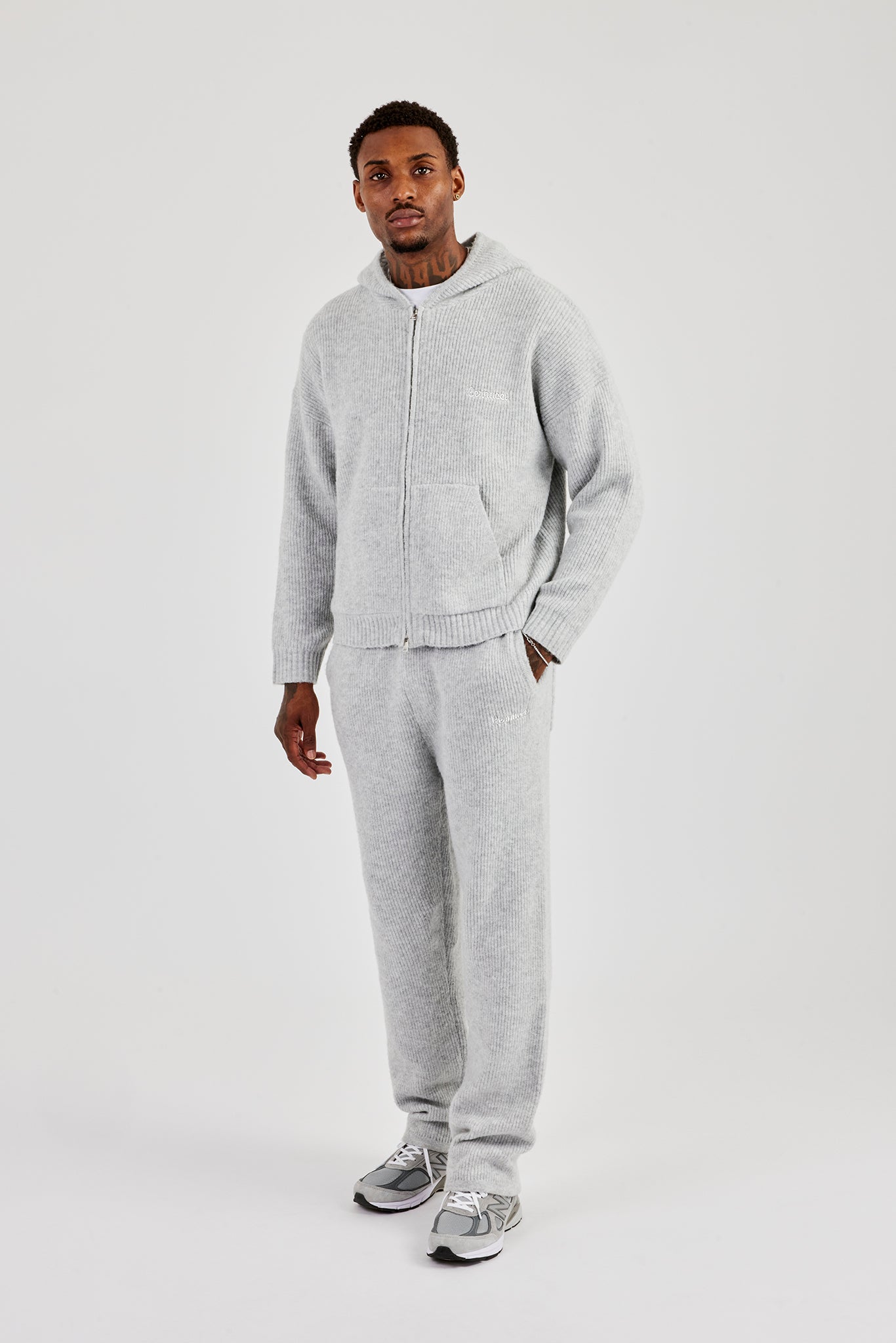 Embroidered Knitted Zip Hoodie & Jogger- Light Grey