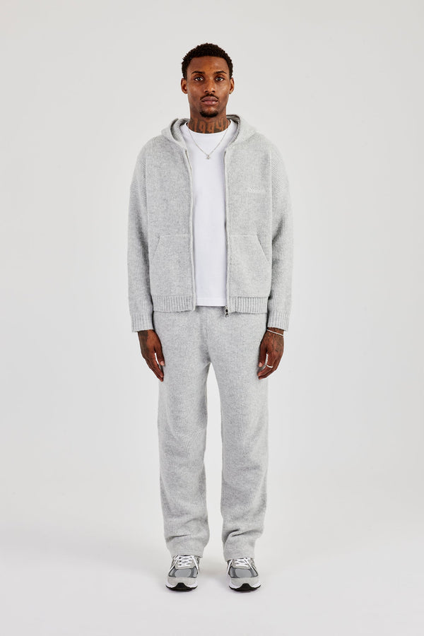Embroidered Knitted Zip Hoodie & Jogger- Light Grey