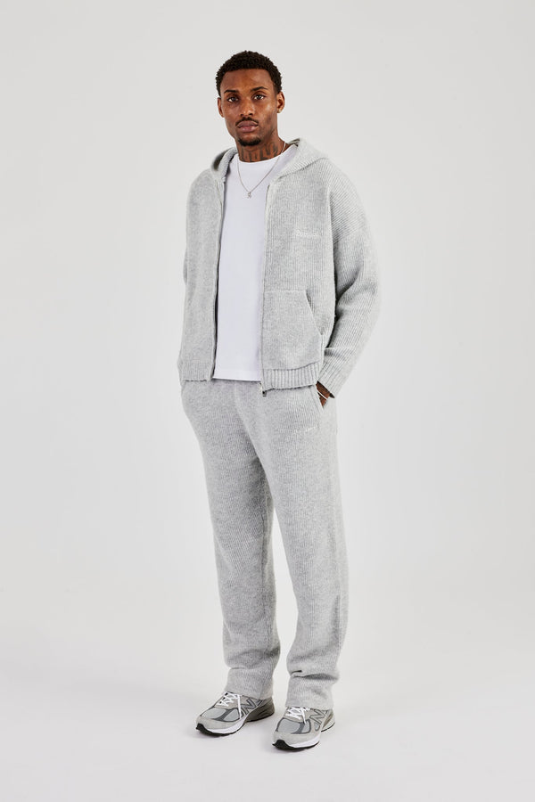 Embroidered Knitted Zip Hoodie & Jogger- Light Grey
