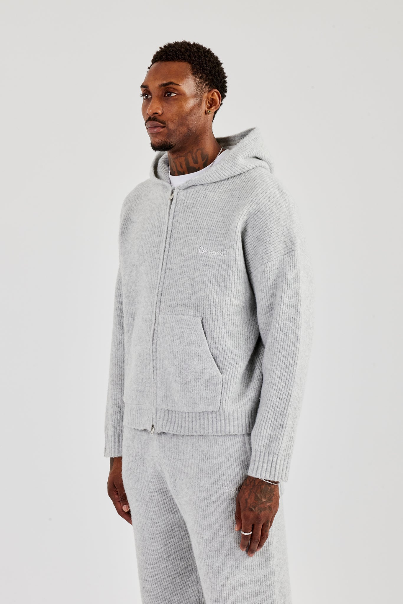 Embroidered Knitted Zip Hoodie - Light Grey | Mens Knitwear | Shop