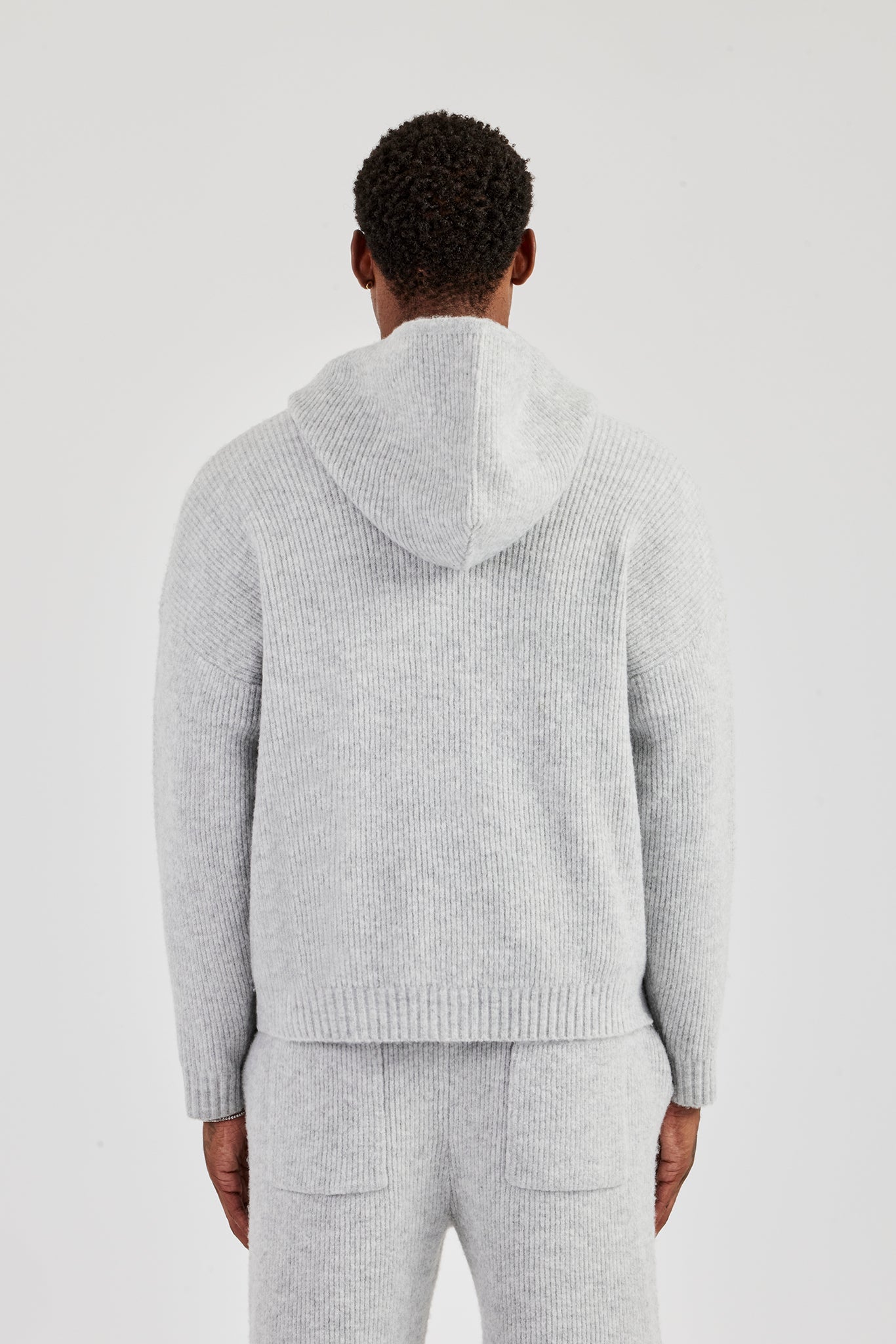 Embroidered Knitted Zip Hoodie - Light Grey