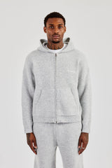 Embroidered Knitted Zip Hoodie - Light Grey