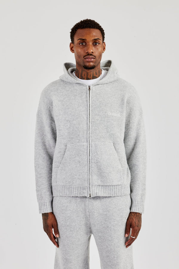 Embroidered Knitted Zip Hoodie - Light Grey