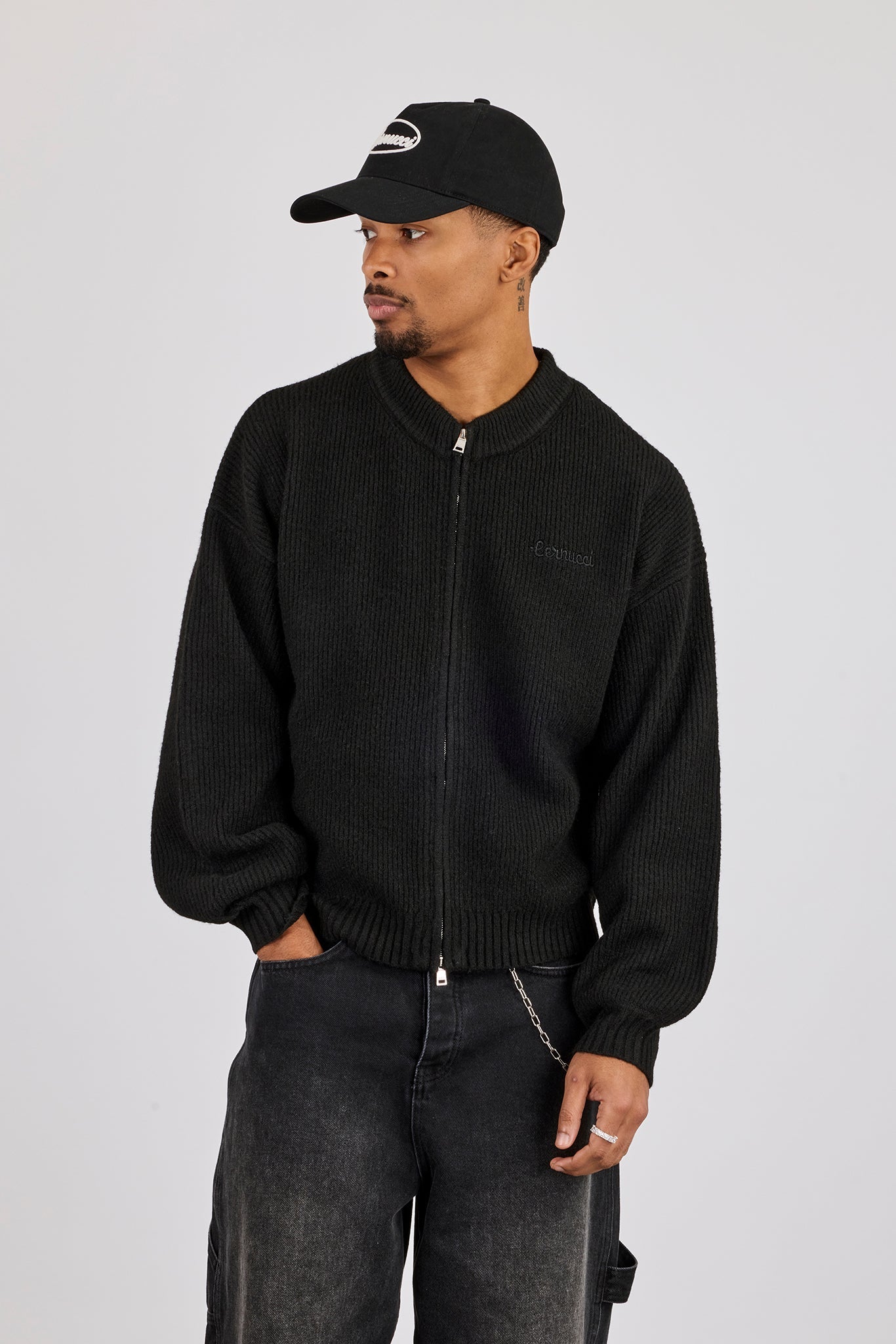 Embroidered Knitted Bomber - Black