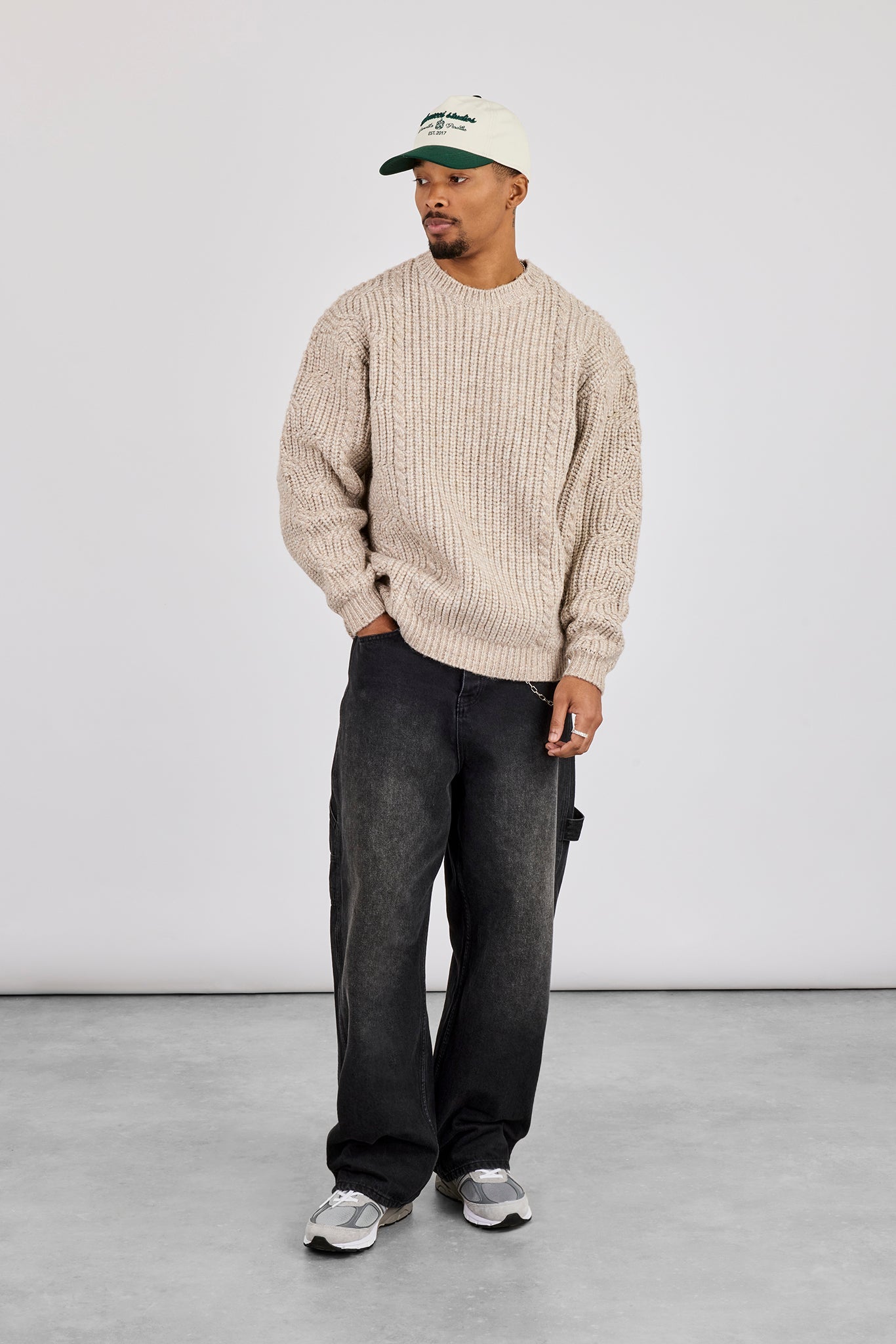 Cable Knit Embroidered Sweatshirt - Beige