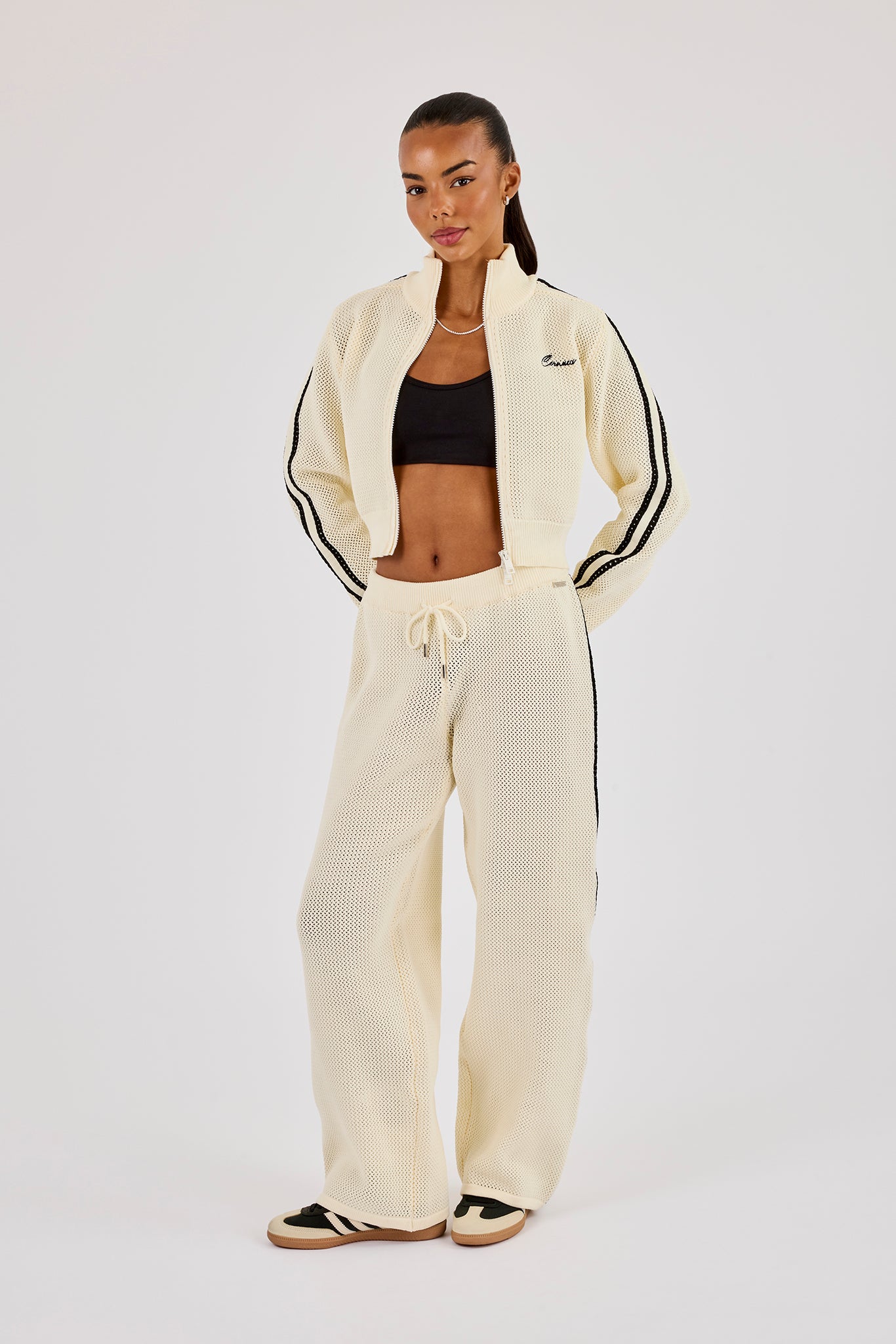 Knitted Taping Funnel Neck Track Jacket & Wide Leg Jogger - Off White