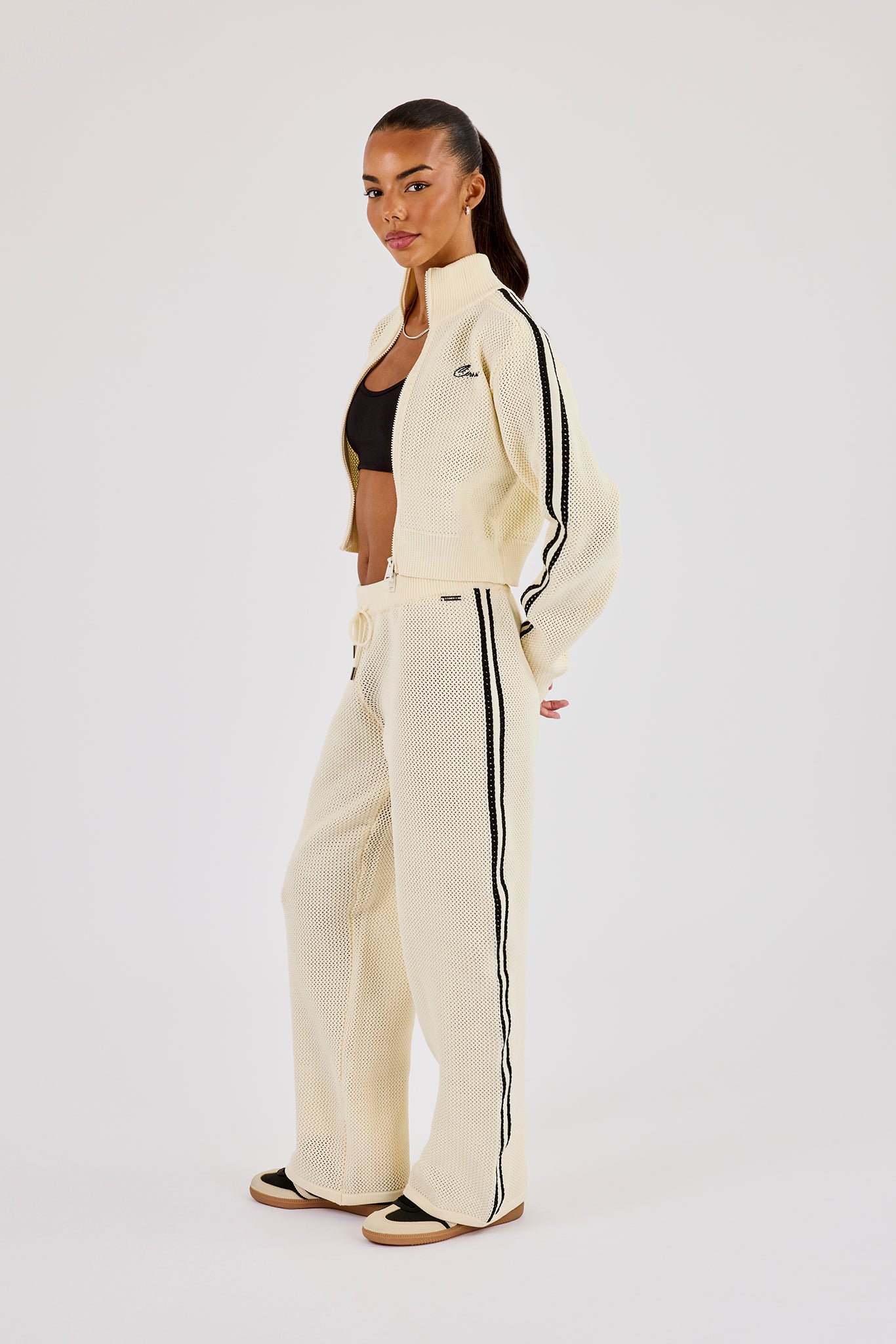 Knitted Taping Funnel Neck Track Jacket & Wide Leg Jogger - Off White