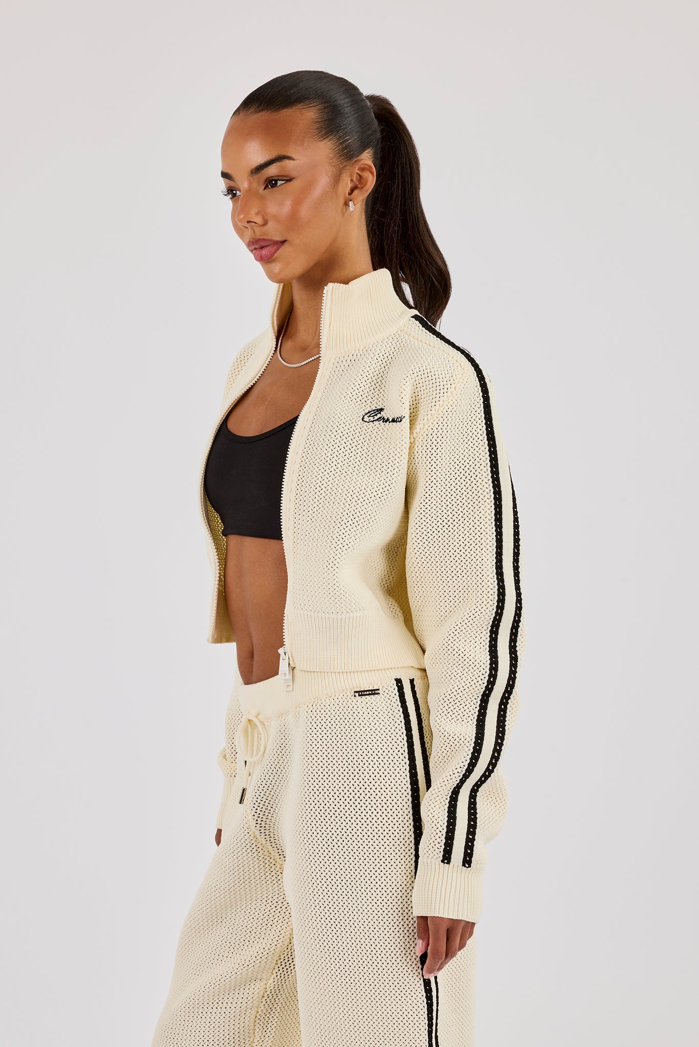 Knitted Taping Funnel Neck Track Jacket - Off White