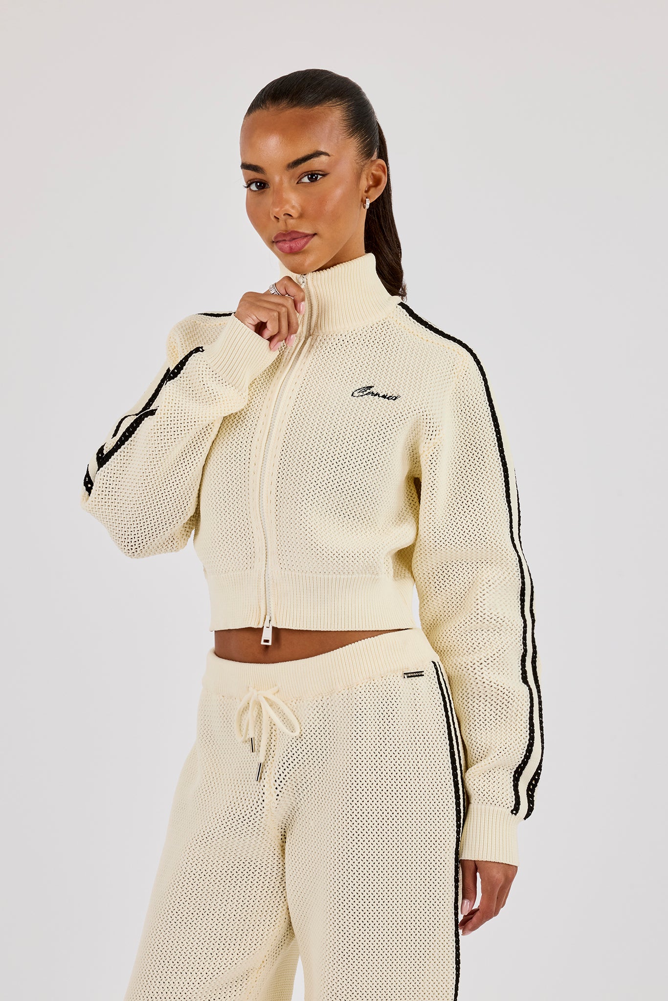 Knitted Taping Funnel Neck Track Jacket - Off White