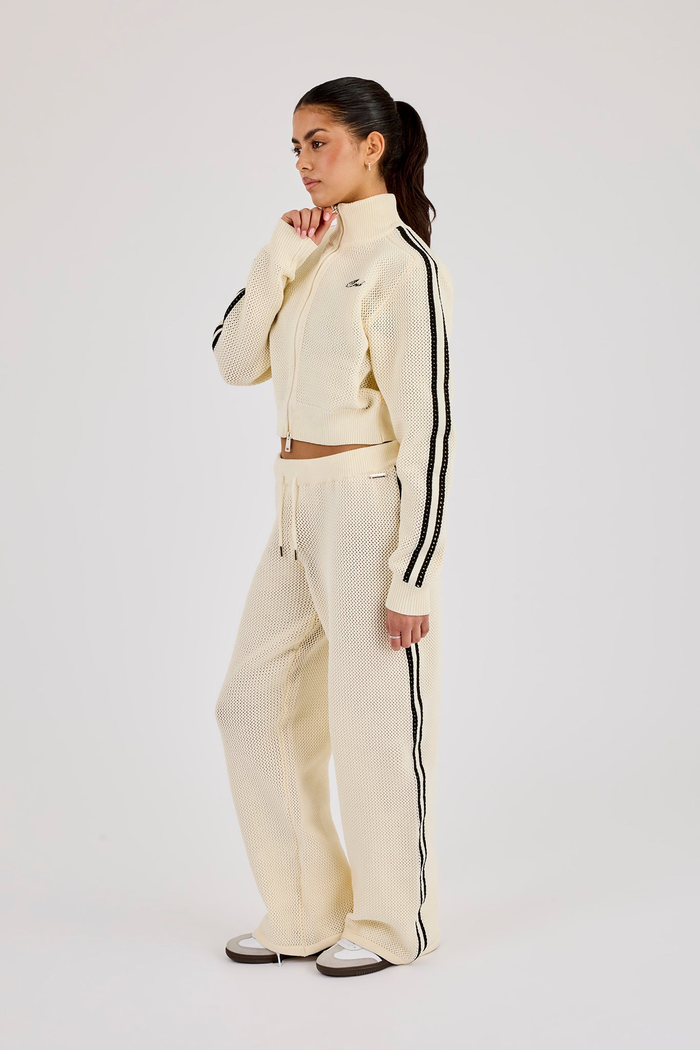 Knitted Taping Funnel Neck Track Jacket & Wide Leg Jogger - Off White