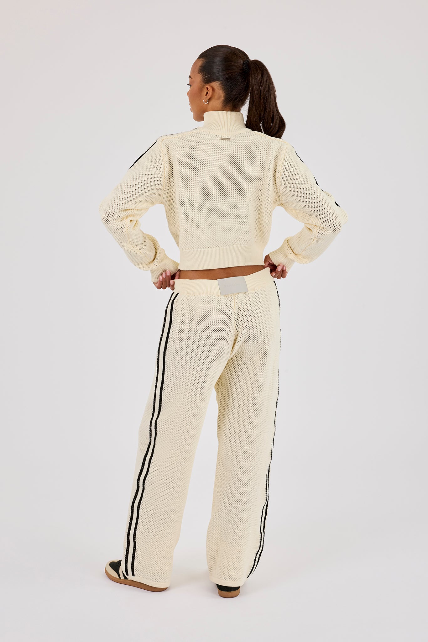 Knitted Taping Funnel Neck Track Jacket & Wide Leg Jogger - Off White