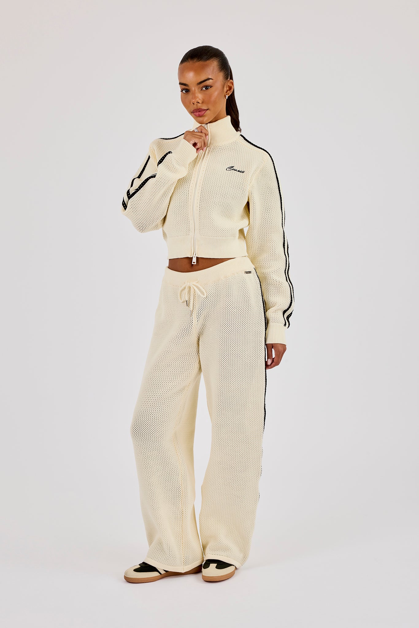 Knitted Taping Funnel Neck Track Jacket & Wide Leg Jogger - Off White