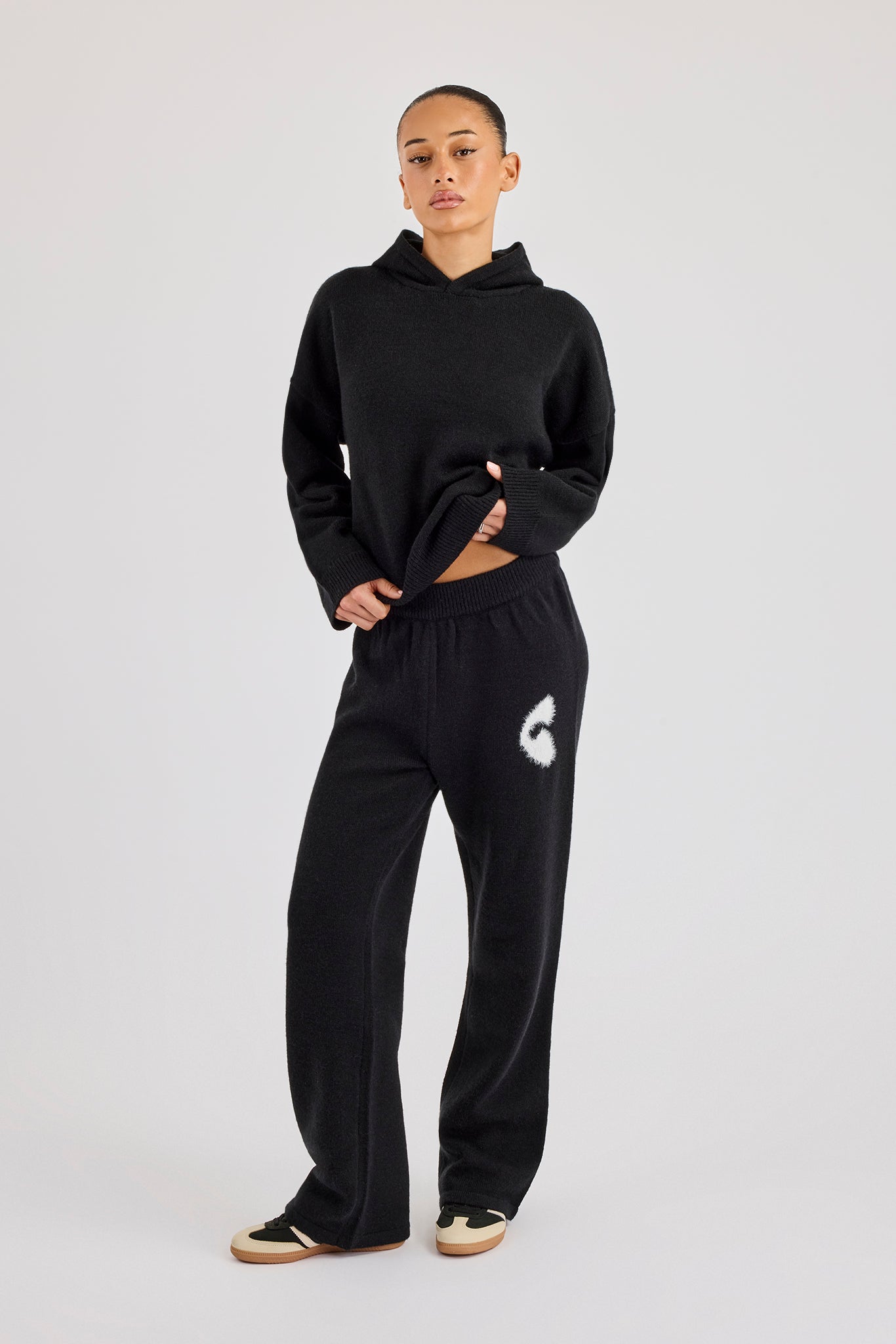 Fluffy Intarsia Boxy Hoodie & Wide Leg Jogger - Black