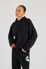Fluffy Intarsia Boxy Hoodie - Black