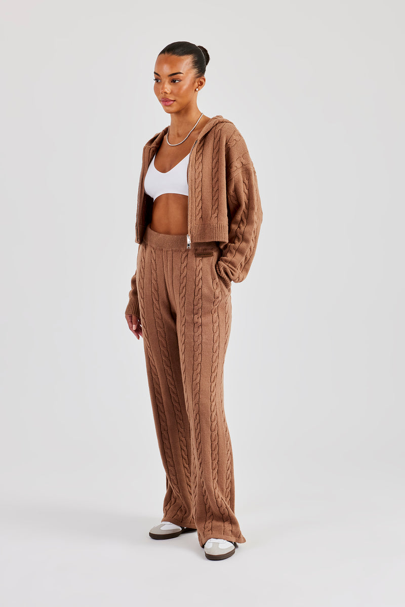 Cable Knit Cropped Knitted Hoodie & Wide Leg Jogger - Tan