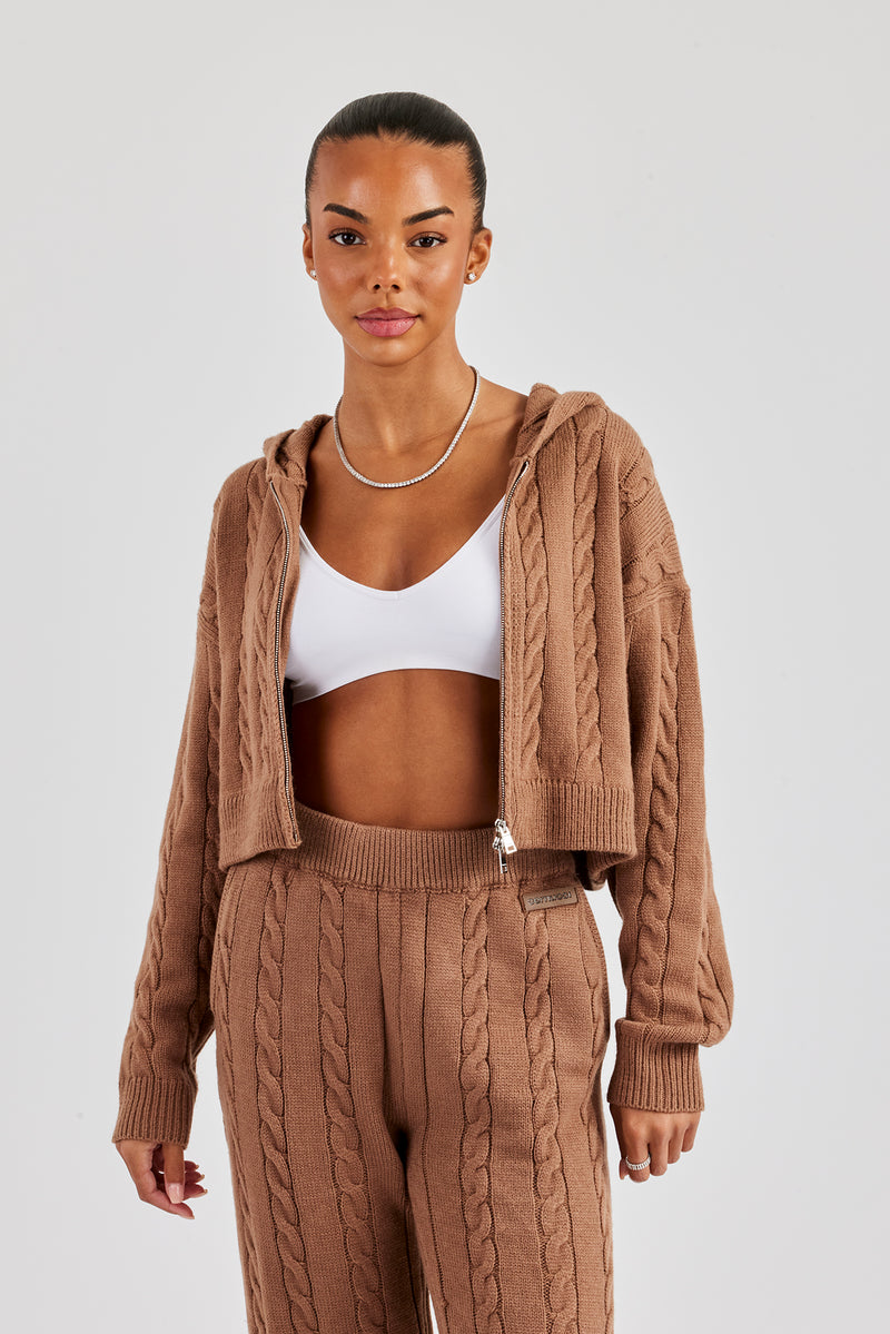 Cable Knit Cropped Knitted Hoodie - Tan