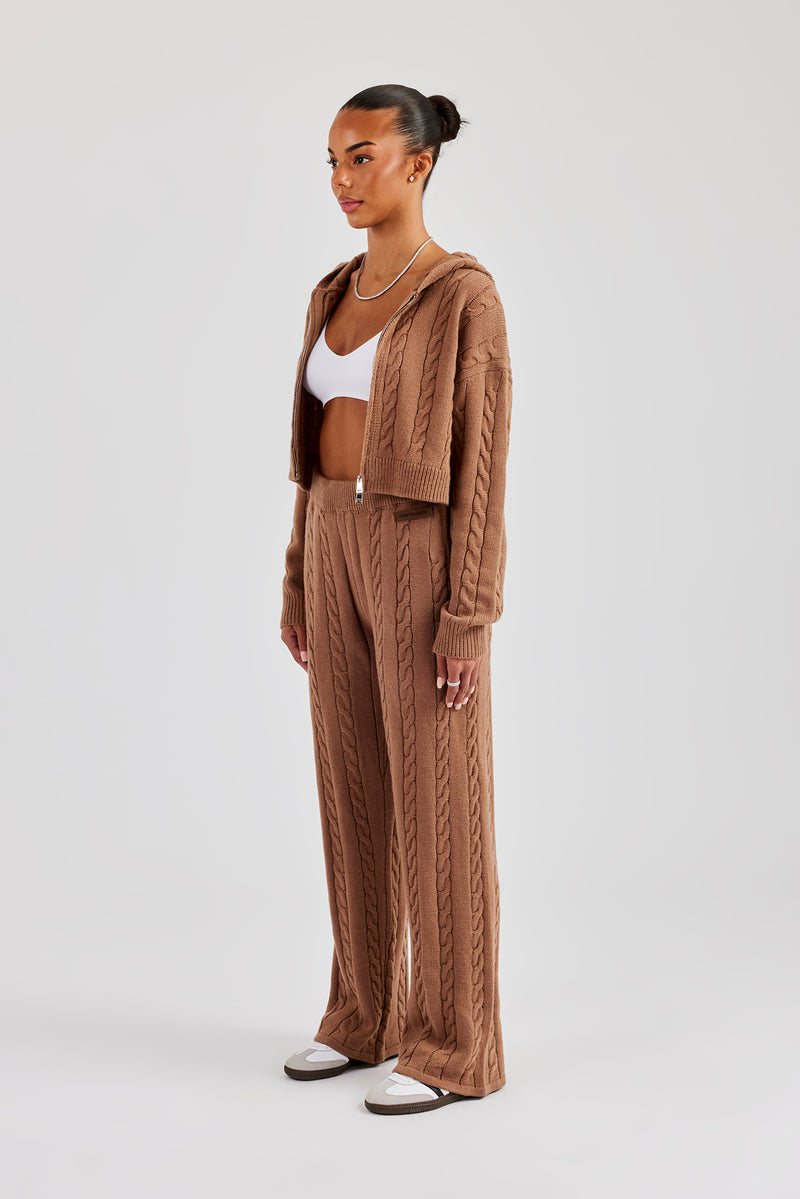 Cable Knit Cropped Knitted Hoodie & Wide Leg Jogger - Tan