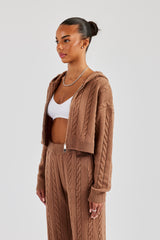 Cable Knit Cropped Knitted Hoodie - Tan