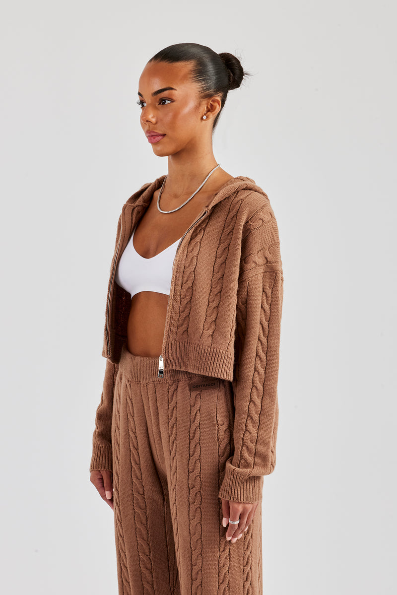 Cable Knit Cropped Knitted Hoodie - Tan