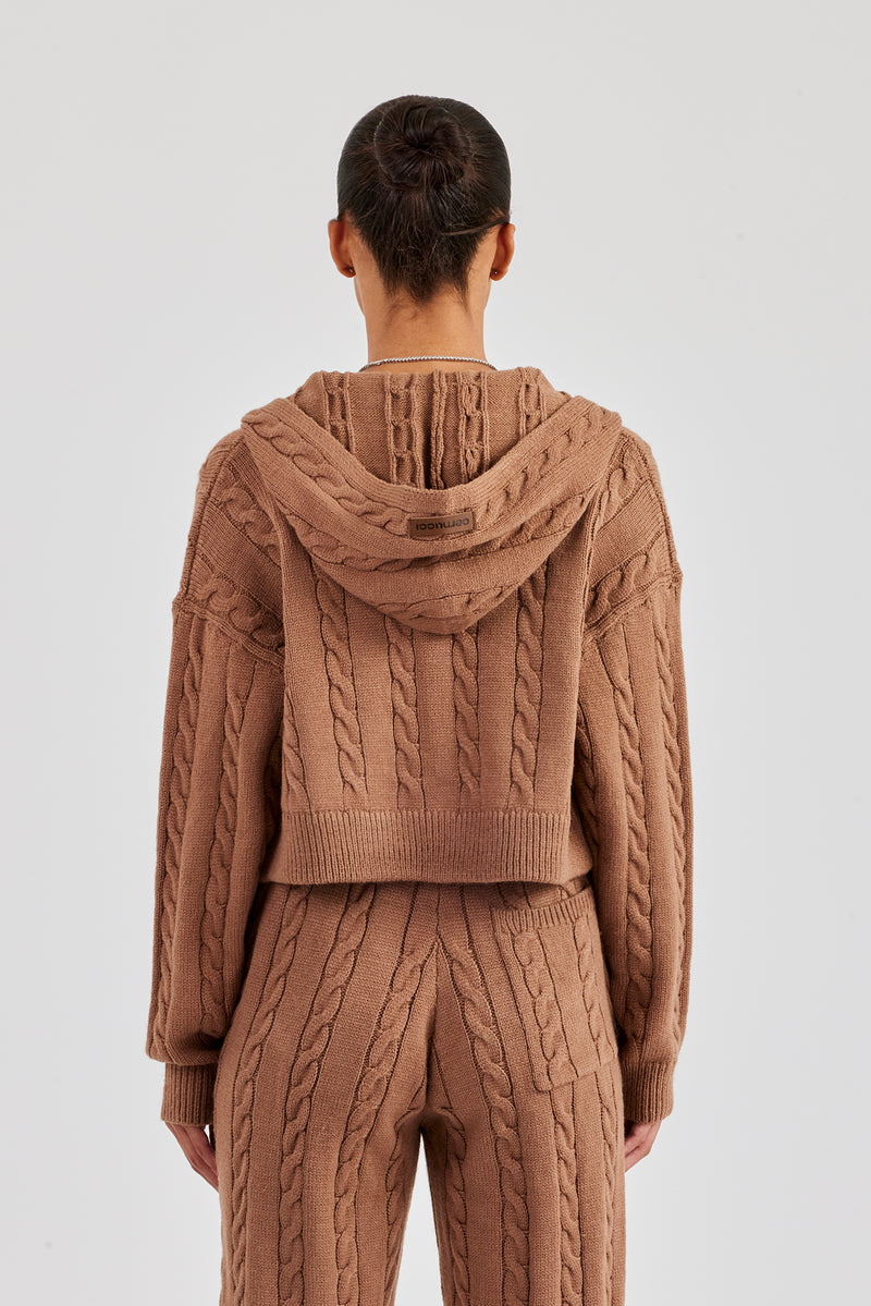 Cable Knit Cropped Knitted Hoodie - Tan