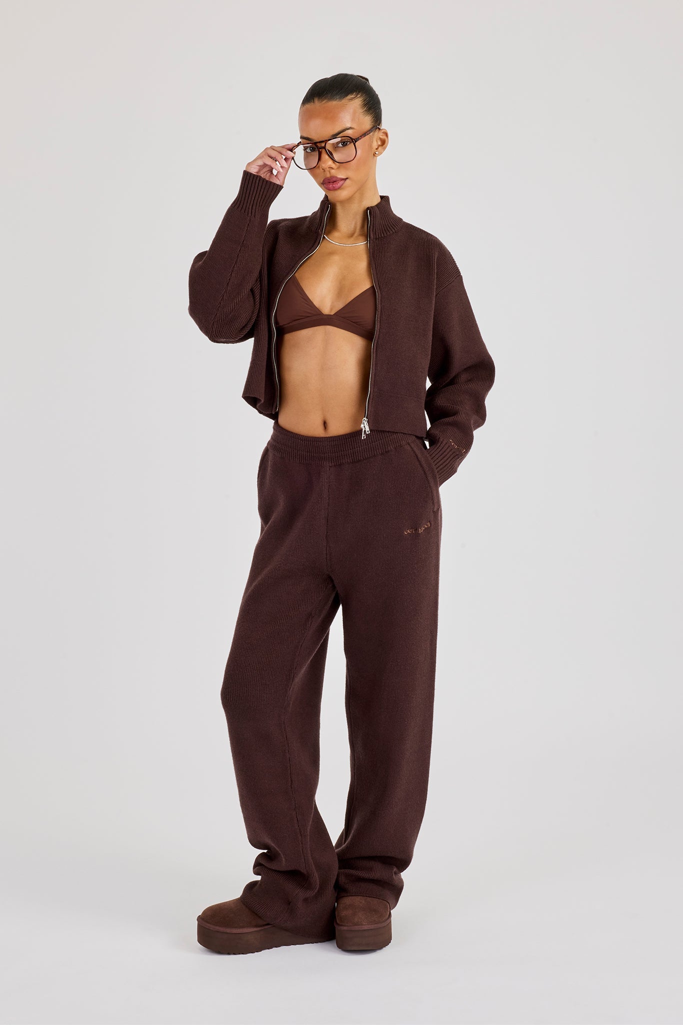 Rib Knit Zip Cropped Funnel Neck & Jogger - Brown