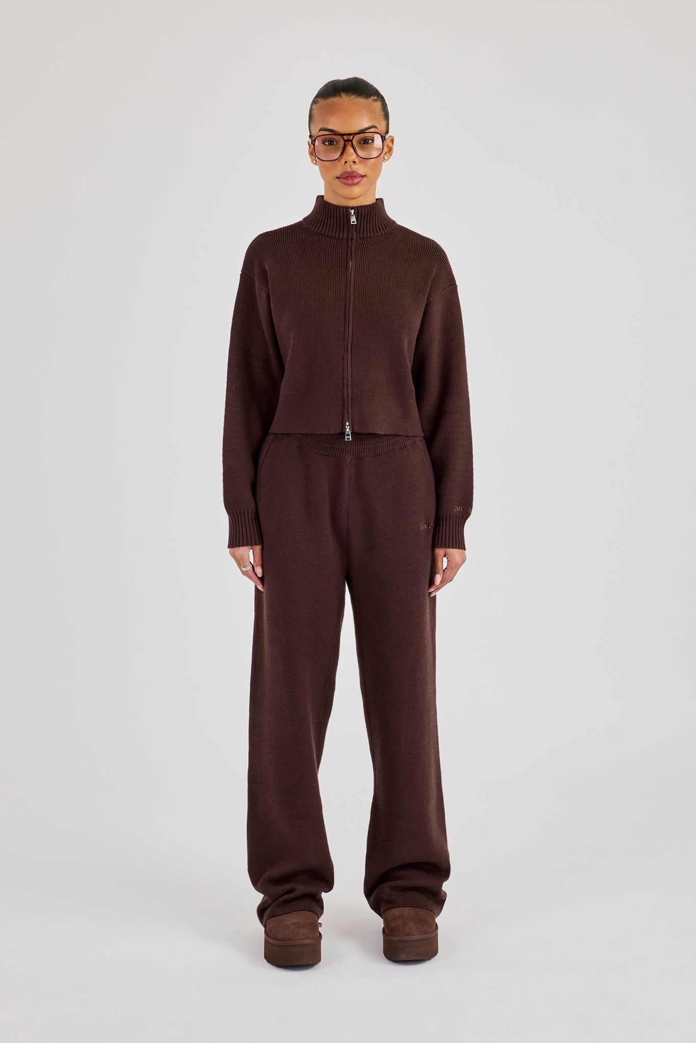 Rib Knit Zip Cropped Funnel Neck & Jogger - Brown