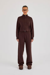 Rib Knit Zip Cropped Funnel Neck & Jogger - Brown