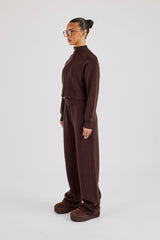 Rib Knit Zip Cropped Funnel Neck & Jogger - Brown