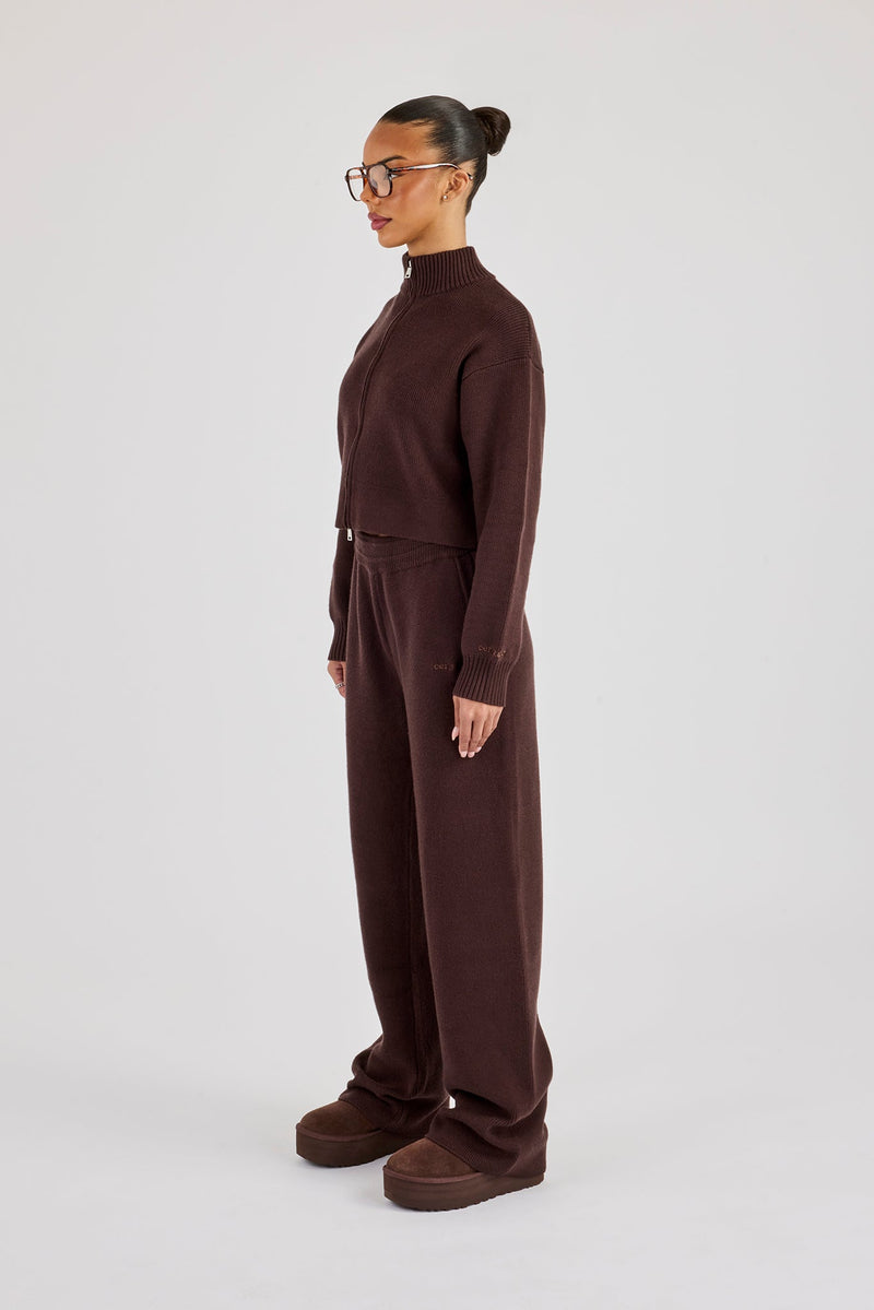 Rib Knit Zip Cropped Funnel Neck & Jogger - Brown