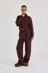 Rib Knit Zip Cropped Funnel Neck & Jogger - Brown