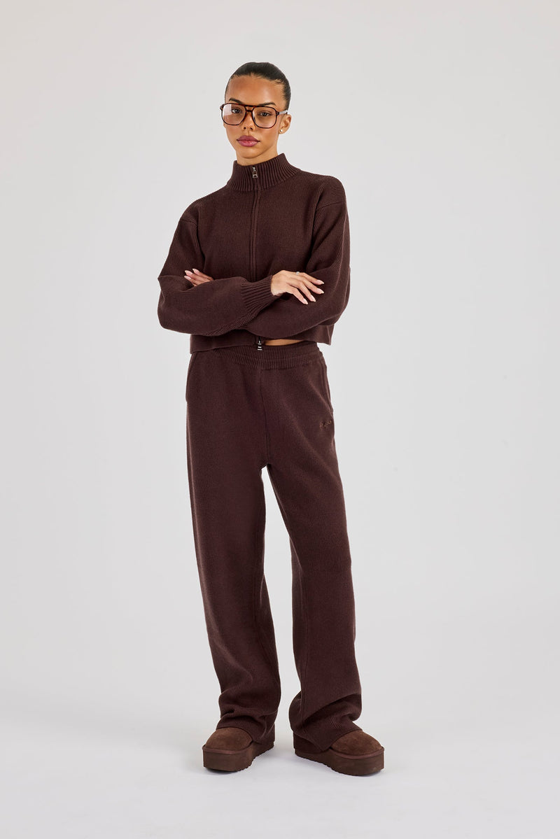Rib Knit Zip Cropped Funnel Neck & Jogger - Brown