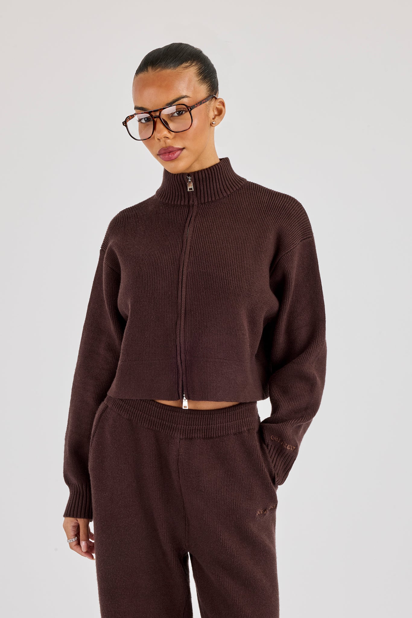 Rib Knit Zip Cropped Funnel Neck - Brown | Womens Knitwear | Shop