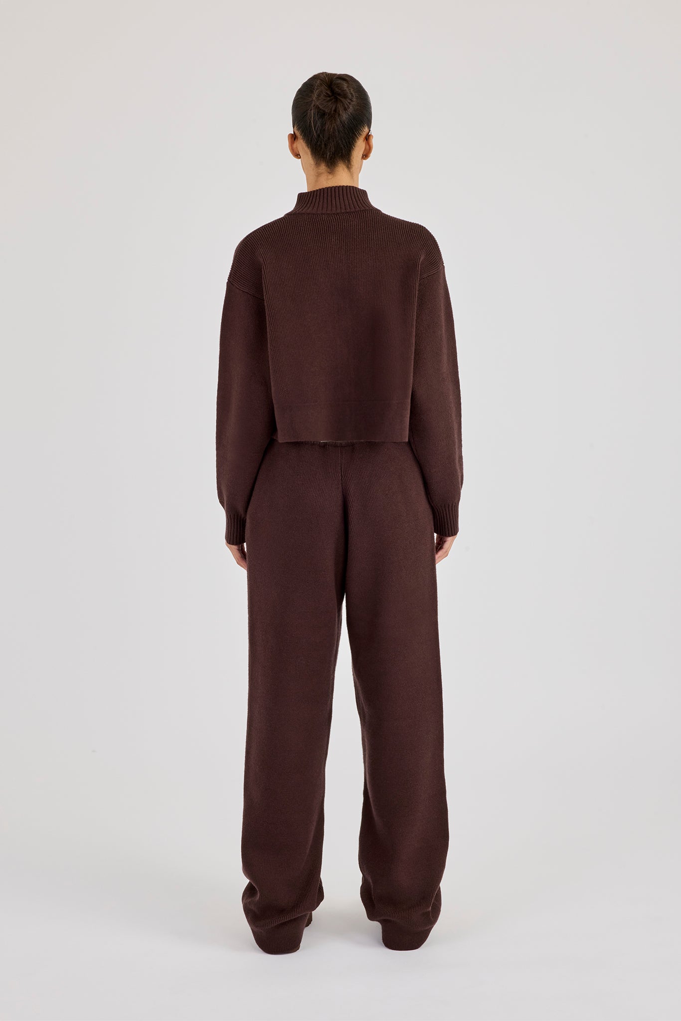 Rib Knit Zip Cropped Funnel Neck & Jogger - Brown