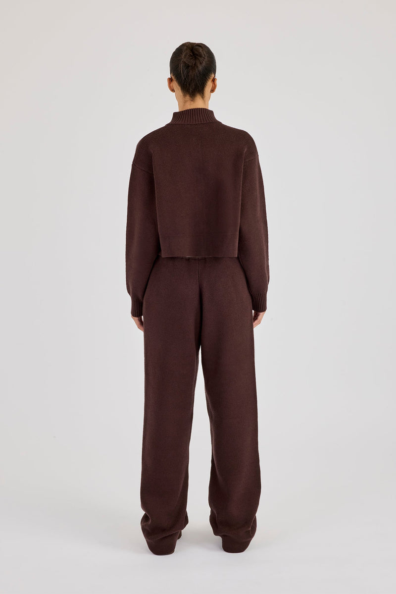 Rib Knit Zip Cropped Funnel Neck & Jogger - Brown